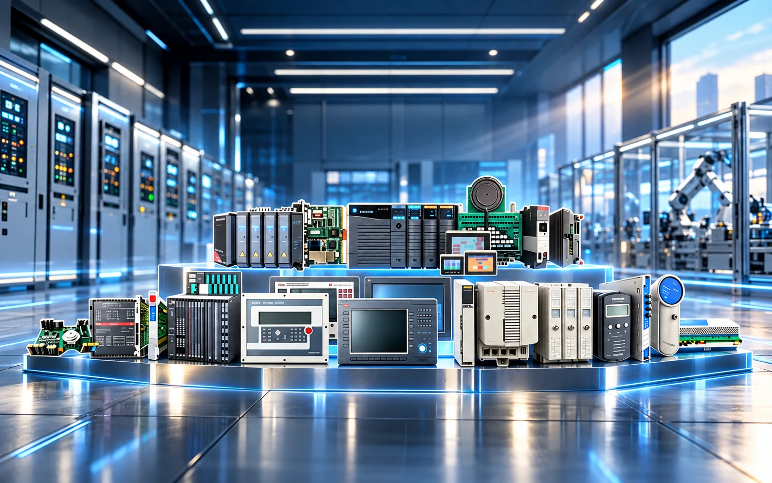 Illustrative industrial automation product collection in a modern factory
